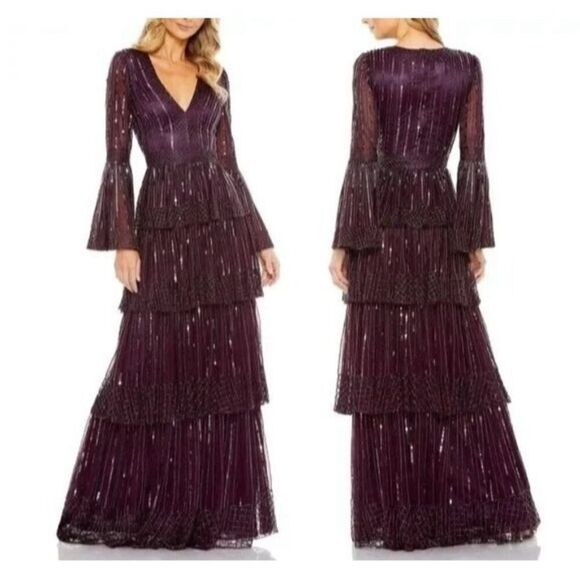 Mac Duggal Embellished Bell Sleeve Tiered Gown Size 12 NWT 5442 BlackBerry - Picture 11 of 11